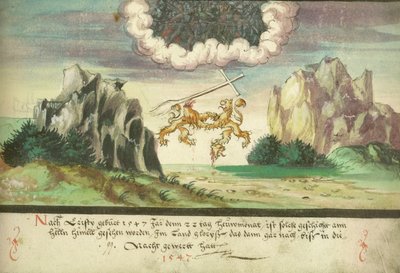 Augsburg Book of Miracles — Folio 157- Sky Battle, Lions over Glarus by Unbekannt Unbekannt